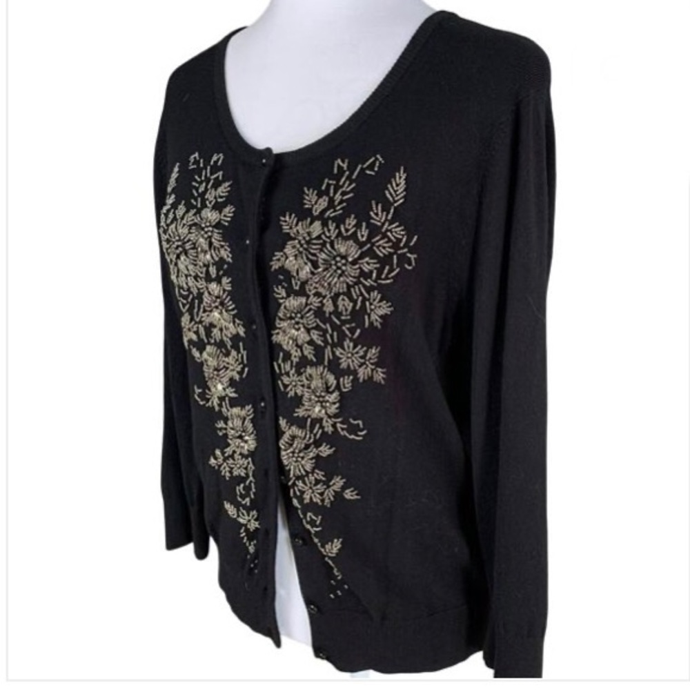 Vintage Cable & Gauge Beaded 3/4 Sleeve Cardigan Sweater Large - Picture 3 of 14